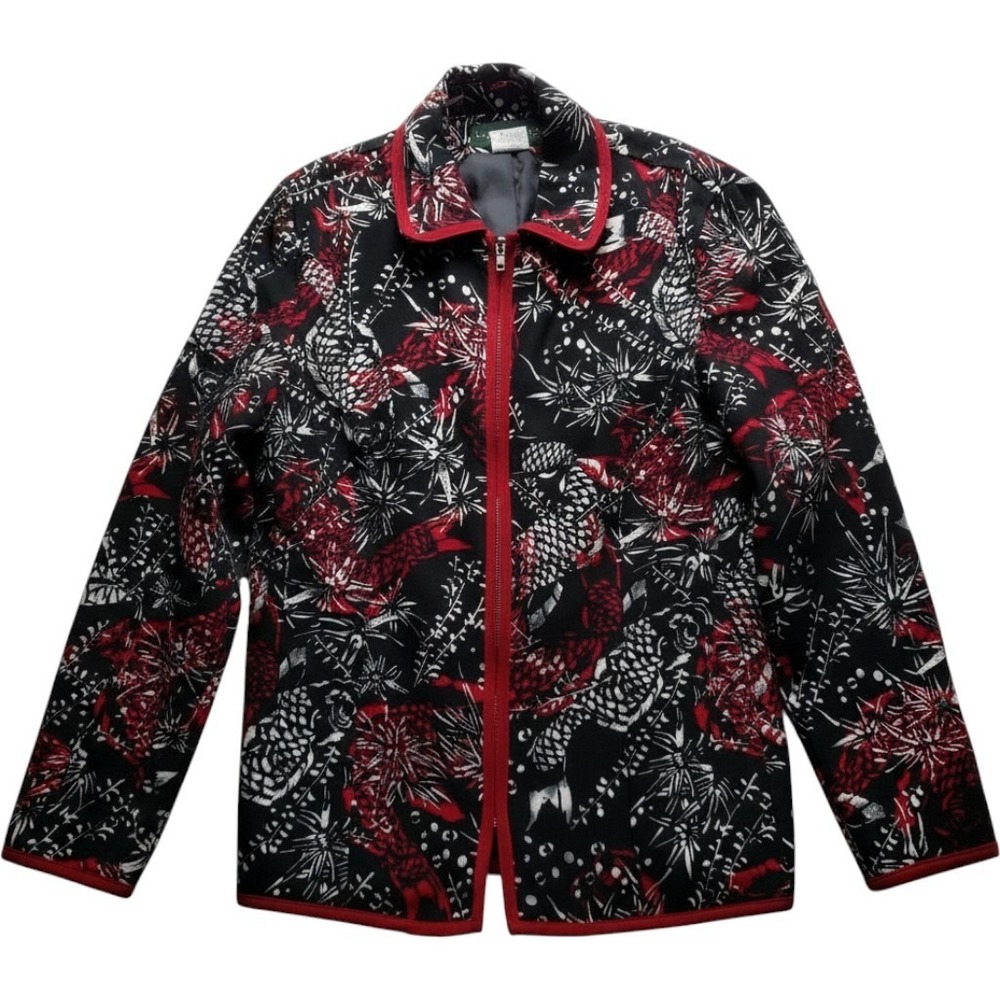 Harve Benard Red Black Abstract Floral Zipfront Jacket Women Size 10 79M 3970 62